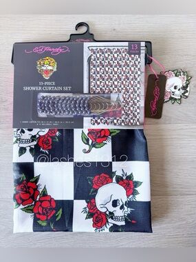 ED HARDY Shower Curtain with Hooks - Black & White Checker with Roses and Skulls